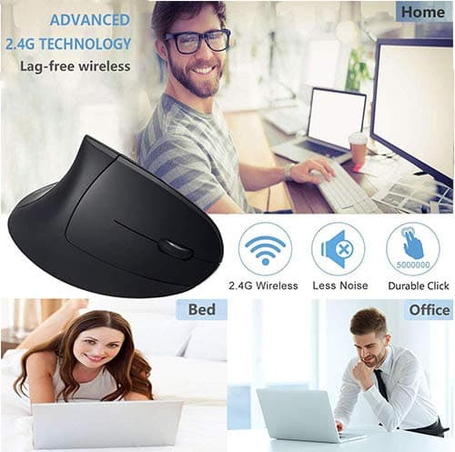 Ergonomic Wireless Mouse, Acedada Rechargeable 2.4G USB Wireless Vertical Ergonomic Mouse, 800/1200 /1600 DPI, for Laptop, Desktop, PC, Computer, Notebook - Black image