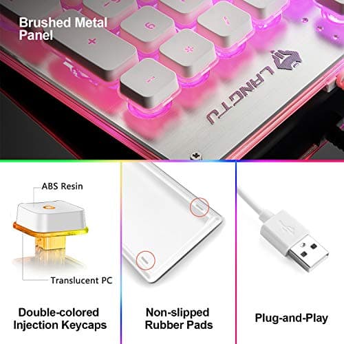 LANGTU Membrane Gaming Keyboard, Rainbow LED Backlit Quiet Keyboard for Office, USB Wired All-Metal Panel 25 Keys Anti-ghosting Computer Keyboard 104 Keys - L1 White/Silver image