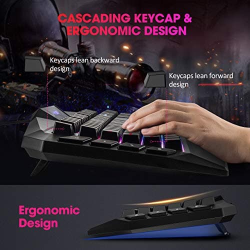 VicTsing Gaming Keyboard, USB Wired Keyboard with Rainbow Backlit and Spill-Resistant Design, Strong Durability, 8 Multimedia Keys, 19 Anti-Ghosting Keys, Ergonomic Wrist Rest Keyboard - Black image