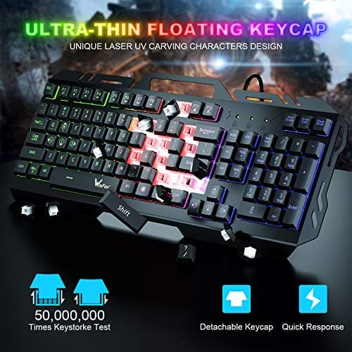 Gaming Keyboard, WisFox Colorful Rainbow LED Backlit Wired Computer Gaming Keyboard with 104 Keys, USB Wired Keyboard and Spill-Resistant for Windows PC Gamers Desktop PS4 image