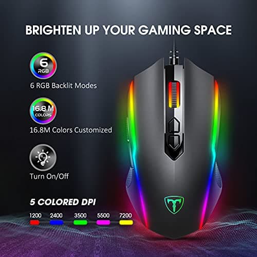 PICTEK Gaming Mouse Wired, 8 Programmable Buttons, Chroma RGB Backlit, 7200 DPI Adjustable, Comfortable Grip Ergonomic Optical PC Computer Gaming Mice with Fire Button, Black (Upgraded Version) image