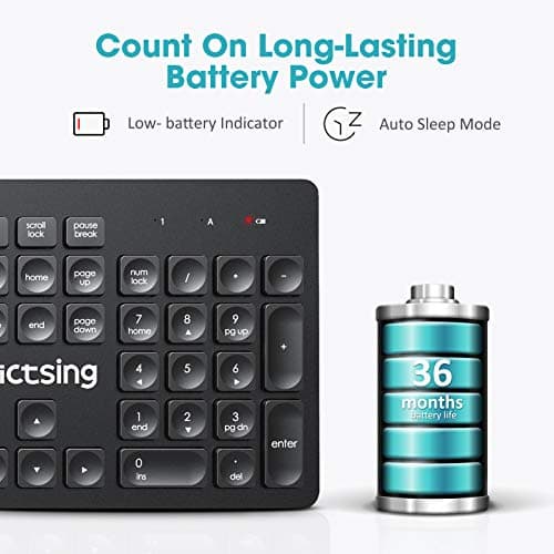 VicTsing [Whisper Quiet] Wireless Keyboard and Mouse Combo, 2.4G Full Size Keyboard and Mouse, Num/Caps/Power Indicator, USB Unifying Receiver, for Office & Home, for PC Laptop Windows Mac iMac,Black image