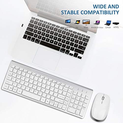 Wireless Keyboard and Mouse, FENIFOX USB Full Size Quiet Compact Compatible with iMac Mac PC Laptop Tablet Computer Windows (Silver White) image