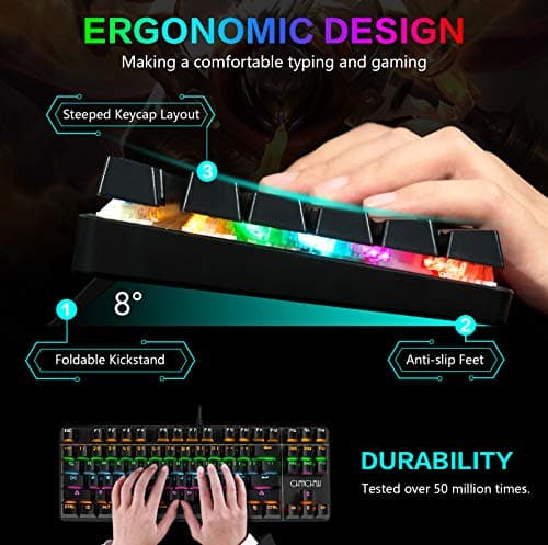 CHONCHOW Rainbow LED Backlit Mechanical Gaming Keyboard Wired USB Compact 87-Keys Blue Switches Mechanical RGB Gaming Keyboard for Windows PC Gamers(Black) image
