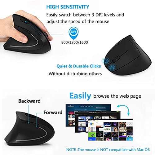 Left Handed Mouse, Lekvey Wireless 2.4G USB Left Hand Ergonomic Vertical Mouse, Less Noise - Black image