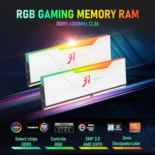 KingBank RGB Computer Desktop Memory Ram DDR5 32GB(2x16GB) 6000MT/s CL36 WHITE image