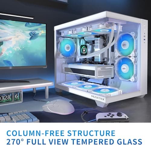 MUSETEX Y6 ATX Mid Tower White ARGB with Tempered Glass Side Panel and USB 3.2 Gen 2 Type-C, USB 3.2 Gen 1 Type-A, USB 2.0 Type-A image