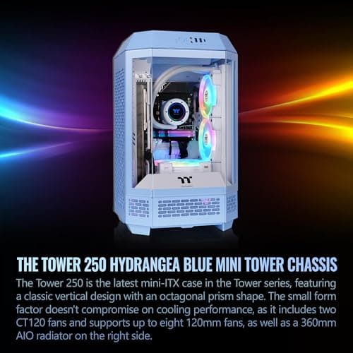 Thermaltake The Tower 250 Mini-ITX Tower Blue / White Tempered Glass Side Panel, USB 3.2 Gen 2 Type-C, USB 3.2 Gen 1 Type-A image