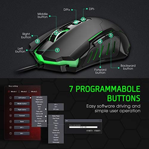 PICTEK Gaming Mouse Wired [7200 DPI] [Programmable] [Breathing Light] Ergonomic Game USB Computer Mice RGB Gamer Desktop Laptop PC Gaming Mouse, 7 Buttons for Windows 7/8/10/XP Vista Linux, Black image