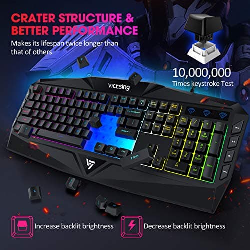VicTsing Gaming Keyboard, USB Wired Keyboard with Rainbow Backlit and Spill-Resistant Design, Strong Durability, 8 Multimedia Keys, 19 Anti-Ghosting Keys, Ergonomic Wrist Rest Keyboard - Black image