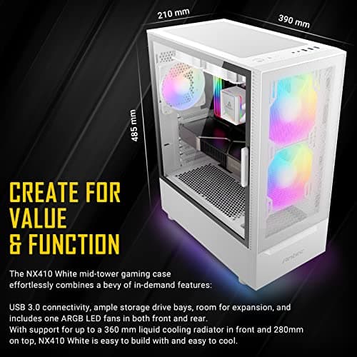 Antec NX410 ATX Mid Tower White with Tempered Glass Side Panel and USB 3.2 Gen 1 Type-A, USB 2.0 Type-A image