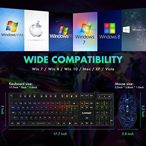 FLAGPOWER Gaming Keyboard and Mouse Combo, Rainbow Backlit Mechanical Feeling Keyboard with 4 Colors Breathing LED Backlight Mouse for PC, Laptop, Computer image