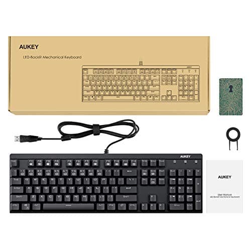 AUKEY Mechanical Keyboard LED Backlit Gaming Keyboard with Blue Switches, 104 Keys 100% Anti-ghosting with Metal Top Panel and Water-Resistant Design for PC and Laptop Gamers, Black image