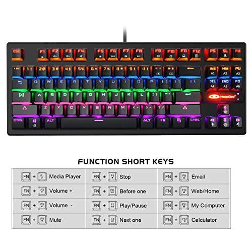 Mechanical Keyboard 87 Keys Small Compact Multicolour LED Backlit - MK1 Wired USB Gaming Keyboard with Blue Switches, 100% Anti-Ghosting, Metal Construction, Water Resistant for Windows PC Laptop Game image