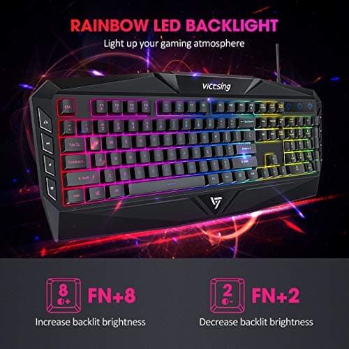 VicTsing Gaming Keyboard, USB Wired Keyboard with Rainbow Backlit and Spill-Resistant Design, Strong Durability, 8 Multimedia Keys, 19 Anti-Ghosting Keys, Ergonomic Wrist Rest Keyboard - Black image