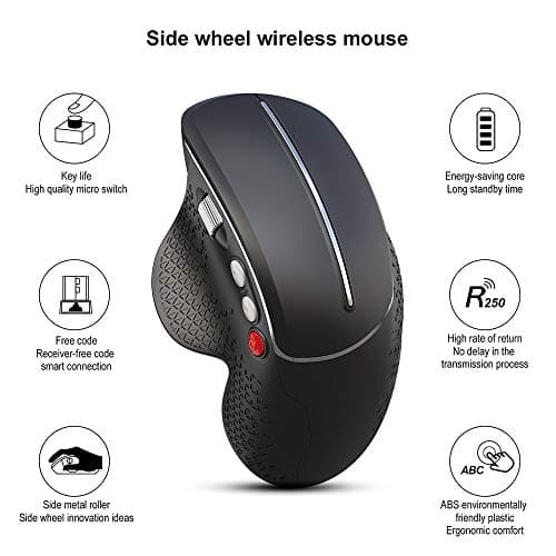 2.4G Wireless Right-Handed Vertical Mouse, Side Scrolling and Ergonomic Design Reducing Wrist Pain, 4 Adjustable DPI 800/1600/2400/3600, Next/Previous Page Buttons for Laptop, Desktop, PC (Black) image