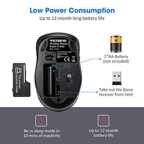 VicTsing Wireless Mouse, 2.4G Portable Ergonomic Optical Mouse, 6 Buttons 5 Adjustable DPI -50% Higher Work Efficiency, A Long Battery Life for Laptop, Notebook, PC, Mac-Black image