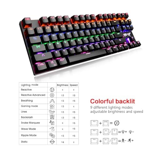 ONE-UP G300 LED Rainbow Backlit Mechanical Gaming Keyboard Small Metal Mechanical Gamers Keyboard 87 Key Computer USB Gaming Keyboard with Blue Switches for PC Gaming (Black) image