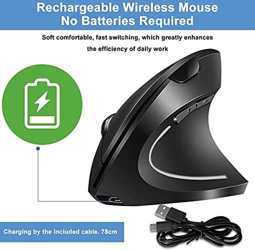 Vertical Wireless Mouse Rechargeable Ergonomic Mouse 2.4GHz Vertical Optical Mouse, Adjustable DPI 800/1200 /1600, 6 Buttons, Provides Better Performance for PC, Desktop, Laptop and MacBook, Black image
