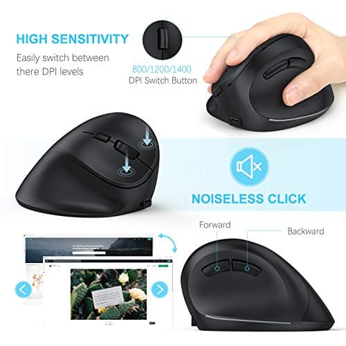 Ergonomic Mouse, Large Vertical Wireless Mouse - Acedada Rechargeable 2.4GHz Optical Ergonomic Mice : 3 Adjustable 800/1200/1600 DPI 6 Buttons, for Laptop, PC, Computer, Desktop, Notebook etc, Black image