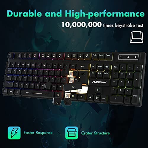 FLAGPOWER Gaming Keyboard and Mouse Combo, Rainbow Backlit Mechanical Feeling Keyboard with 4 Colors Breathing LED Backlight Mouse for PC, Laptop, Computer image