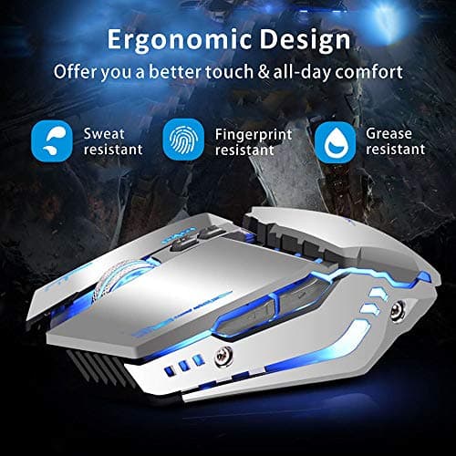 TENMOS T12 Wireless Gaming Mouse Rechargeable, 2.4G Silent Optical Wireless Computer Mice with Changeable LED Light Compatible with Laptop PC, 7 Buttons, 3 Adjustable DPI (Silver) image