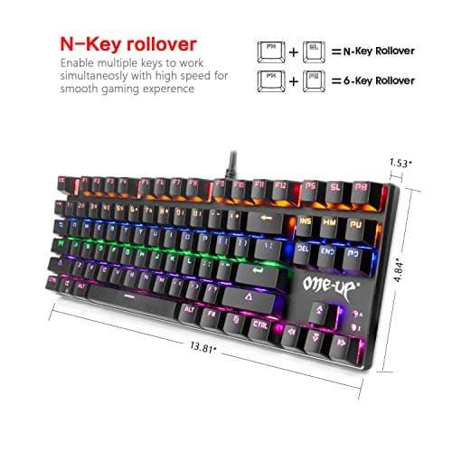 ONE-UP G300 LED Rainbow Backlit Mechanical Gaming Keyboard Small Metal Mechanical Gamers Keyboard 87 Key Computer USB Gaming Keyboard with Blue Switches for PC Gaming (Black) image