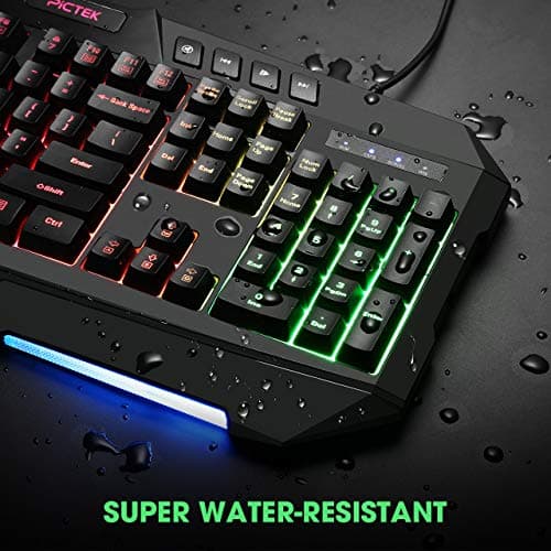 PICTEK Backlit Keyboard and Mouse Combo, LED Wired Gaming Keyboard, Ergonomic Keyboard, Wrist Rest Keyboard with Efficient Multimedia Keys, Programmable Gaming Mouse for Mac, PC, Sega Game Gear Games image