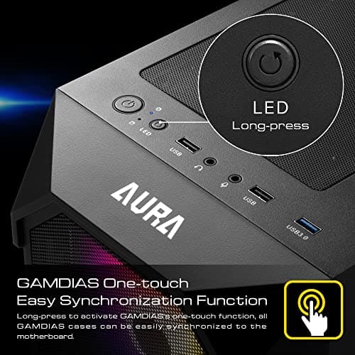 GAMDIAS AURA GC1 ATX Mid Tower Black with Tempered Glass Side Panel and USB 3.2 Gen 1 Type-A, USB 2.0 Type-A image
