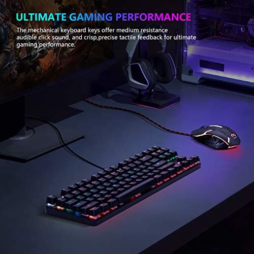 CHONCHOW Rainbow LED Backlit Mechanical Gaming Keyboard Wired USB Compact 87-Keys Blue Switches Mechanical RGB Gaming Keyboard for Windows PC Gamers(Black) image