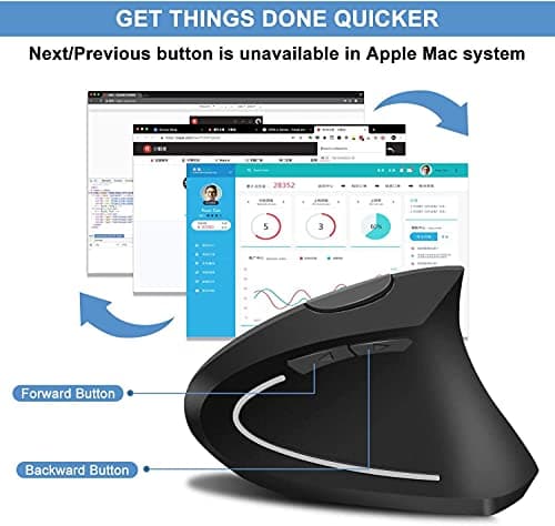 Vertical Wireless Mouse Rechargeable Ergonomic Mouse 2.4GHz Vertical Optical Mouse, Adjustable DPI 800/1200 /1600, 6 Buttons, Provides Better Performance for PC, Desktop, Laptop and MacBook, Black image