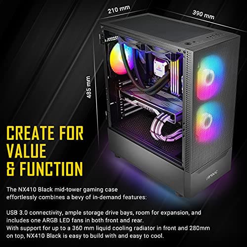 Antec NX410 ATX Mid Tower Black with Tempered Glass Side Panel and USB 3.2 Gen 1 Type-A, USB 2.0 Type-A image
