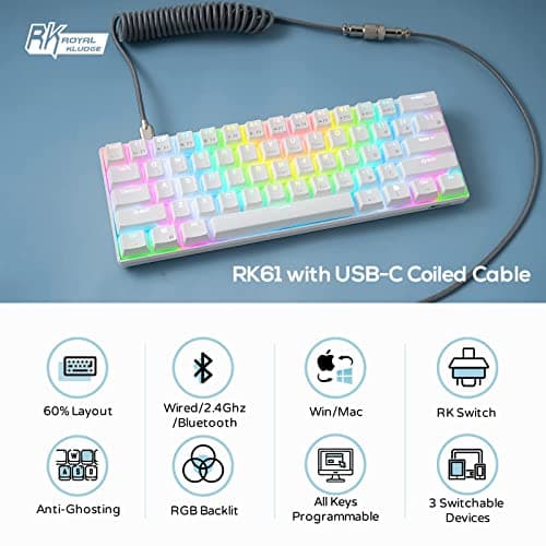RK61 60% RGB Mechanical Gaming Keyboard Small Compact 61 Keys, Wired/Wireless Bluetooth Mini Portable Keyboard Gaming/Office for iOS Android Windows and Mac with Programmer Brown Switch - White image