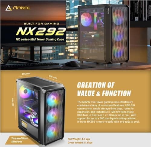 Antec NX292 ATX Mid Tower Black with Tempered Glass Side Panel and USB 3.2 Gen 1 Type-A, USB 2.0 Type-A image