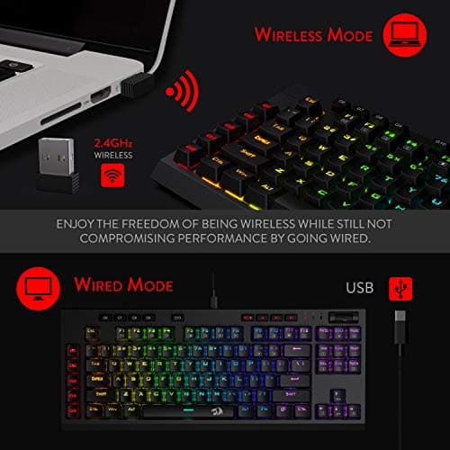 Redragon K596 Vishnu 2.4G Wireless/Wired RGB Mechanical Gaming Keyboard, 87 Keys TKL Compact Keyboard with 2400 mAh Battery, 10 Onboard Macro Keys & Wrist Rest, 10H Play Time, Red Switches image