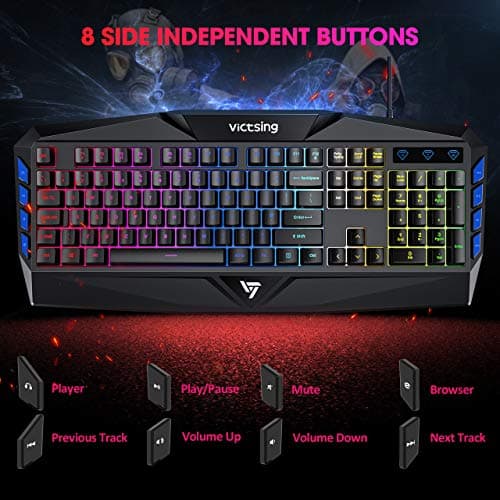 VicTsing Gaming Keyboard, USB Wired Keyboard with Rainbow Backlit and Spill-Resistant Design, Strong Durability, 8 Multimedia Keys, 19 Anti-Ghosting Keys, Ergonomic Wrist Rest Keyboard - Black image