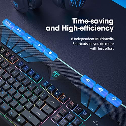 PICTEK RGB Gaming Keyboard USB Wired Keyboard, Crater Architecture Backlit Computer Keyboard with 8 Independent Multimedia Keys, 25 Keys Anti-ghosting, Splash-Proof, Ideal for PC/Mac Game, Black image