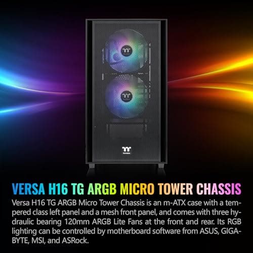 Thermaltake Versa H16 ARGB Micro ATX Mini Tower Black with Tempered Glass Side Panel and USB 3.2 Gen 1 Type-A, USB 2.0 Type-A image