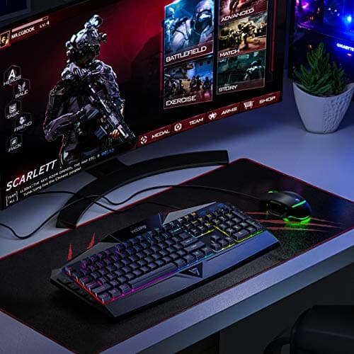 VicTsing Gaming Keyboard, USB Wired Keyboard with Rainbow Backlit and Spill-Resistant Design, Strong Durability, 8 Multimedia Keys, 19 Anti-Ghosting Keys, Ergonomic Wrist Rest Keyboard - Black image