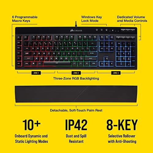 Corsair K55 RGB Gaming Keyboard - Quiet & Satisfying LED Backlit Keys - Media Controls - Wrist Rest Included - Onboard Macro Recording image