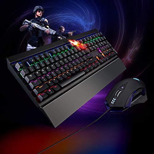 BestOff MK15 Gaming Set, Blue Switch Mechanical Gaming Keyboard, 4 adjustable High DPI Gaming Mouse, All-Metal Panel Spill-Resistant Keyboard with Ergonomic holder, Anti ghosting Keyboard for PC Gamer image