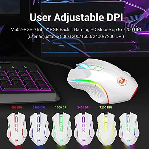 Redragon M602 RGB Wired Gaming Mouse RGB Spectrum Backlit Ergonomic Mouse Griffin Programmable with 7 Backlight Modes up to 7200 DPI for Windows PC Gamers (White) image