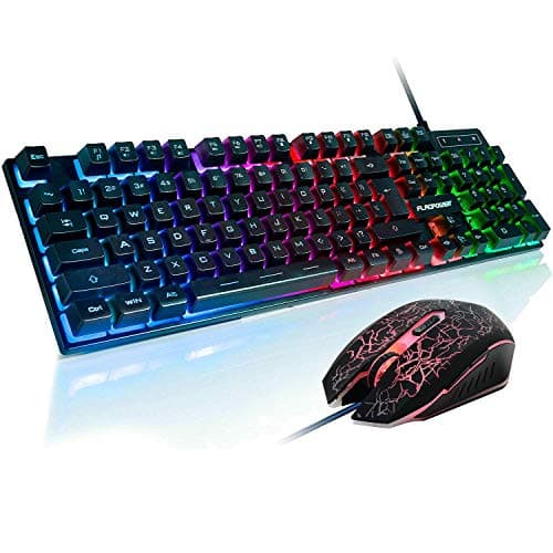 FLAGPOWER Gaming Keyboard and Mouse Combo, Rainbow Backlit Mechanical Feeling Keyboard with 4 Colors Breathing LED Backlight Mouse for PC, Laptop, Computer image