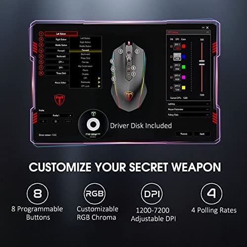 PICTEK Gaming Mouse Wired, 8 Programmable Buttons, Chroma RGB Backlit, 7200 DPI Adjustable, Comfortable Grip Ergonomic Optical PC Computer Gaming Mice with Fire Button, Black (Upgraded Version) image