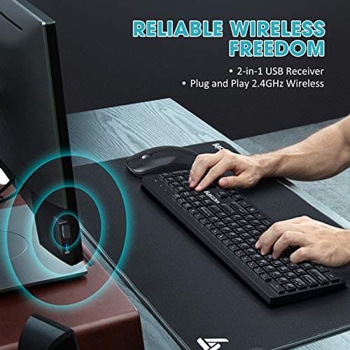 VicTsing [Whisper Quiet] Wireless Keyboard and Mouse Combo, 2.4G Full Size Keyboard and Mouse, Num/Caps/Power Indicator, USB Unifying Receiver, for Office & Home, for PC Laptop Windows Mac iMac,Black image