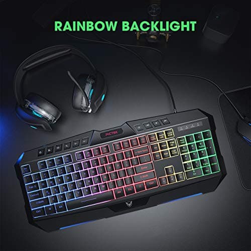 PICTEK Backlit Keyboard and Mouse Combo, LED Wired Gaming Keyboard, Ergonomic Keyboard, Wrist Rest Keyboard with Efficient Multimedia Keys, Programmable Gaming Mouse for Mac, PC, Sega Game Gear Games image