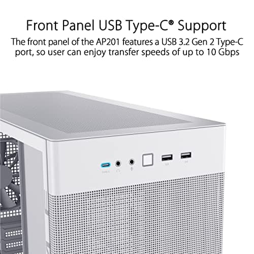Asus Prime AP201 Micro ATX Mini Tower White Tempered Glass Side Panel, USB 3.2 Gen 2 Type-C, USB 3.2 Gen 1 Type-A image