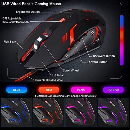 RGB Gaming Keyboard and Backlit Mouse Combo,BlueFinger USB Wired Backlit Keyboard,LED Gaming Keyboard Mouse Set for Laptop PC Computer Game and Work image