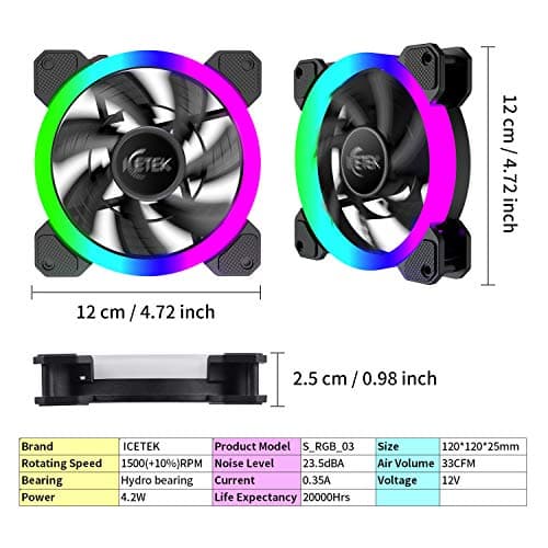 RGB Case Fans 120mm 5 Pack, ICETEK 3In1 Kit LED PC Computer Case Fan RGB, 366 Modes with Controller and Remote, Reinforced Quiet Fan Blade Design, Adjustable Colorful Cooling Cooler (5 Pack) image