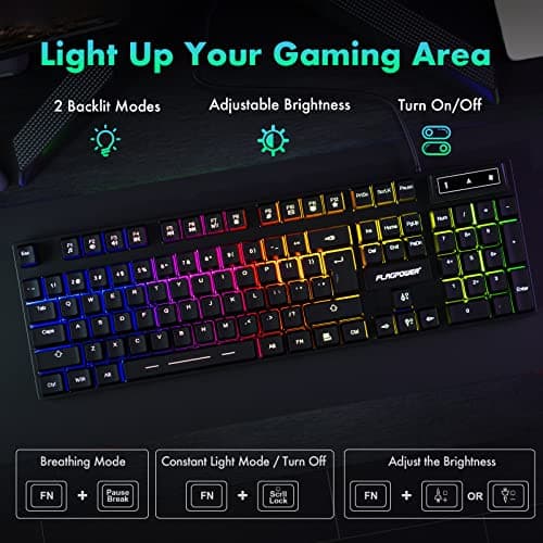 FLAGPOWER Gaming Keyboard and Mouse Combo, Rainbow Backlit Mechanical Feeling Keyboard with 4 Colors Breathing LED Backlight Mouse for PC, Laptop, Computer image